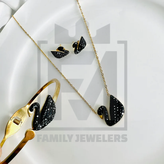 Stainless Swan Bangle, Earring And Necklace Set